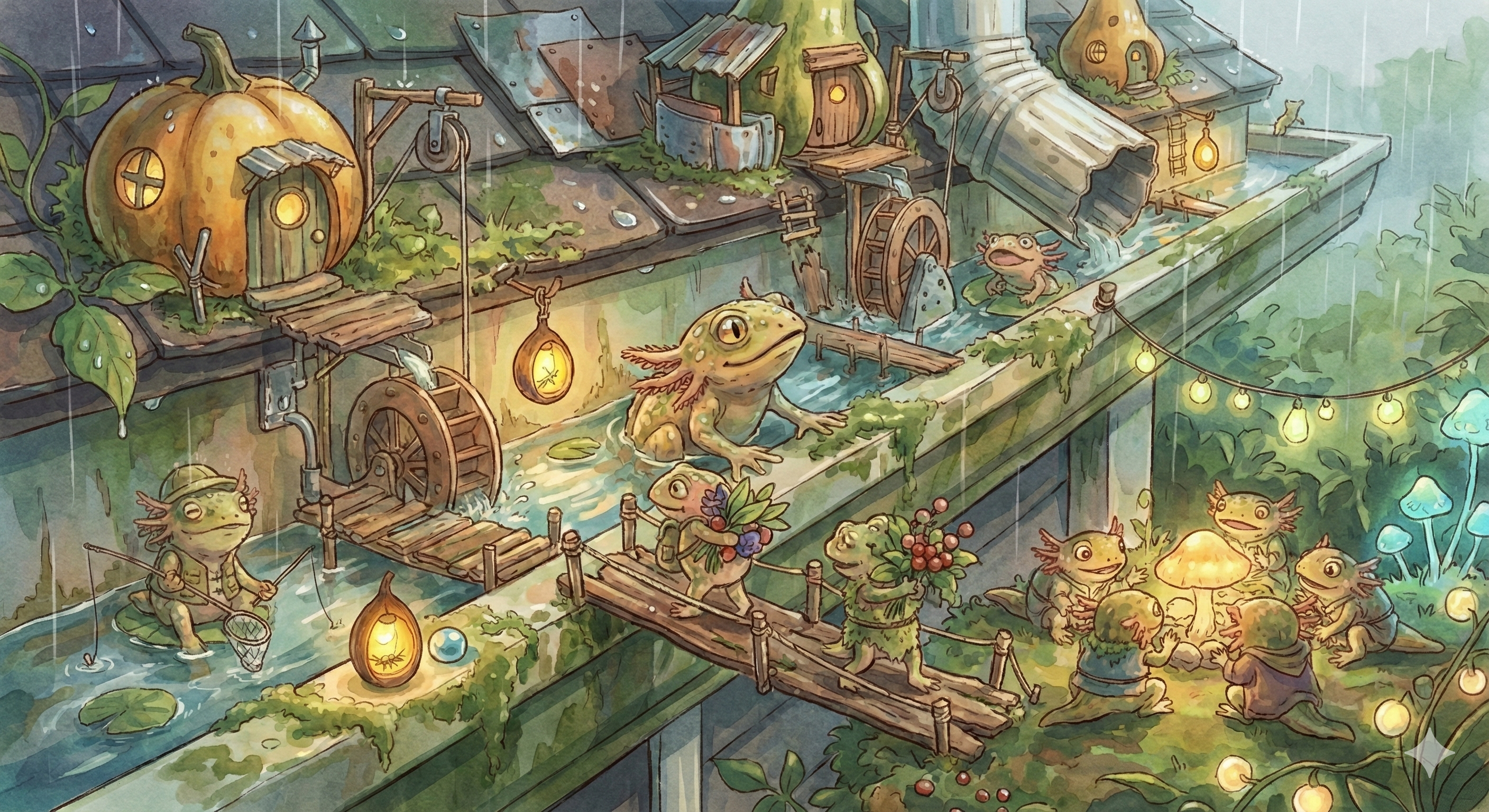 A Rainling in the rain, water flowing around them